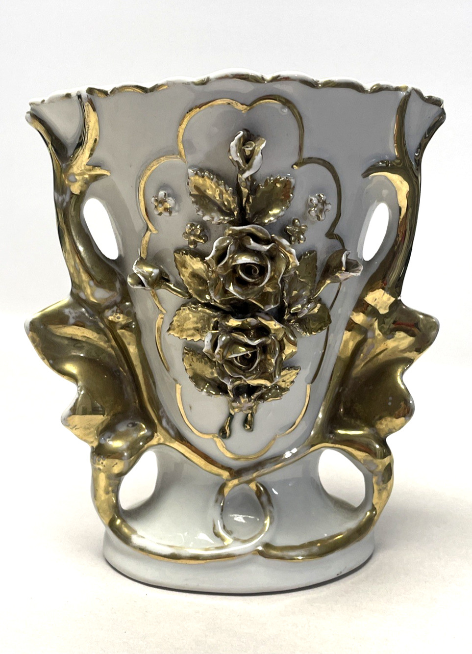 Vintage White Porcelain Floral Vase Gold Trim Roses 5" Tall